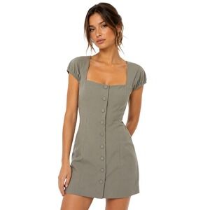 Princess Polly | Sage Green/Grey Square Neck Button Front Mini Dress | Size 4